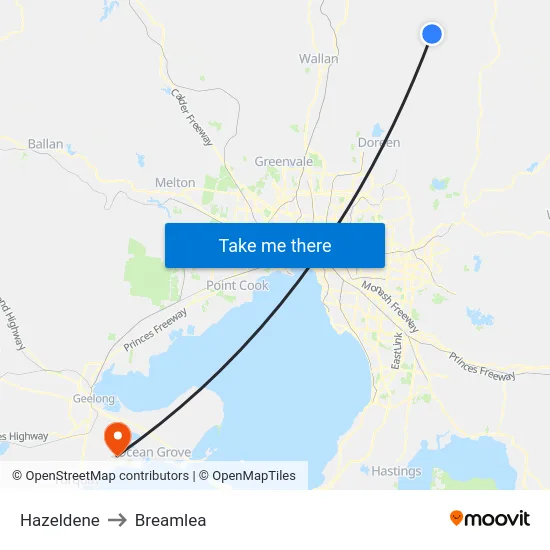 Hazeldene to Breamlea map