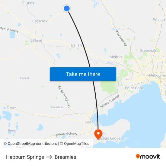Hepburn Springs to Breamlea map