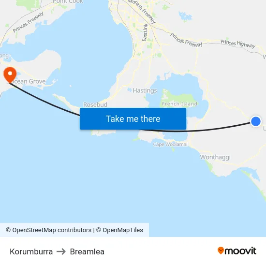 Korumburra to Breamlea map