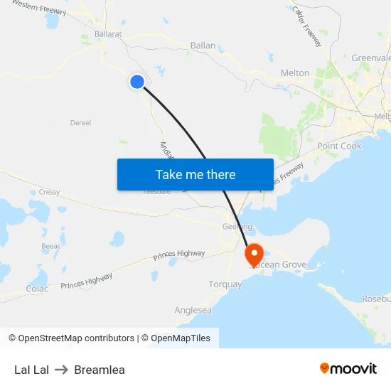 Lal Lal to Breamlea map