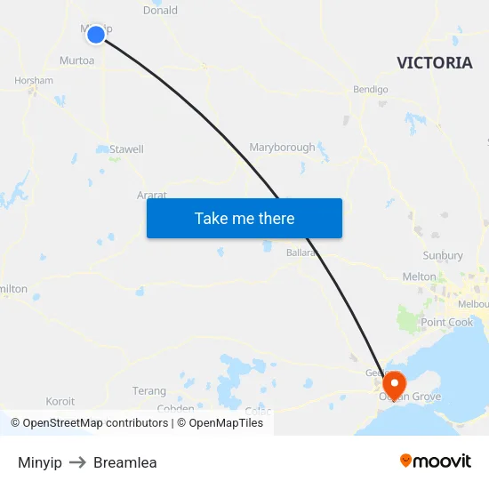 Minyip to Breamlea map