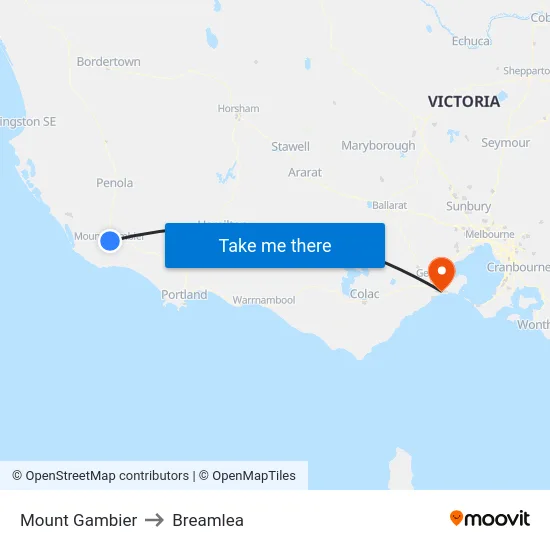 Mount Gambier to Breamlea map