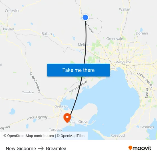 New Gisborne to Breamlea map