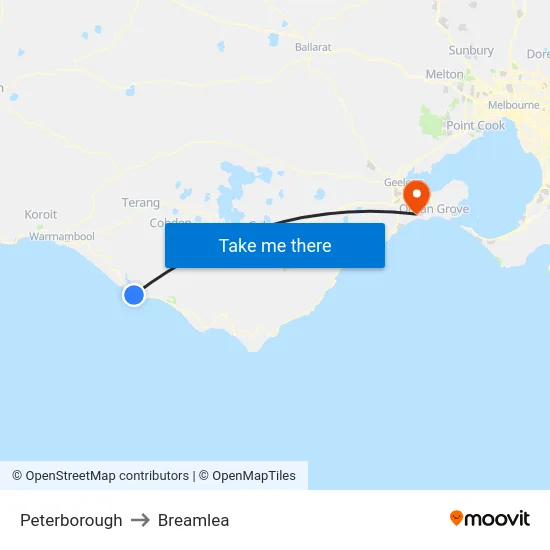 Peterborough to Breamlea map