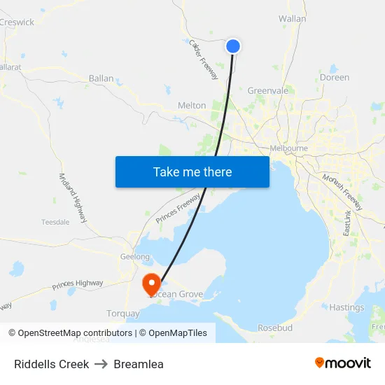 Riddells Creek to Breamlea map