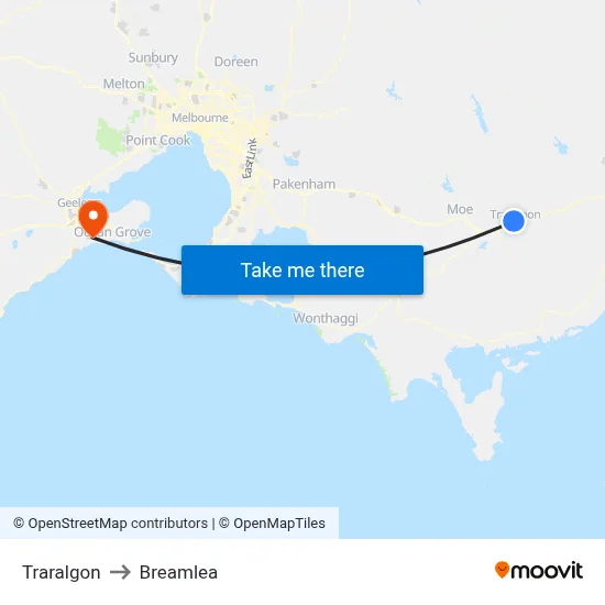 Traralgon to Breamlea map