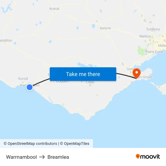 Warrnambool to Breamlea map