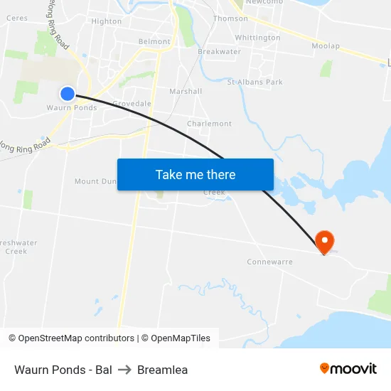 Waurn Ponds - Bal to Breamlea map