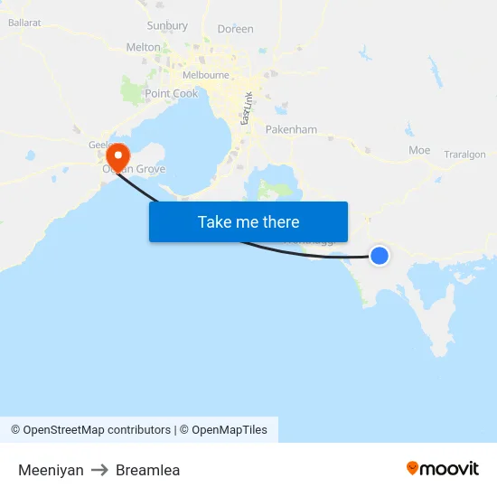 Meeniyan to Breamlea map