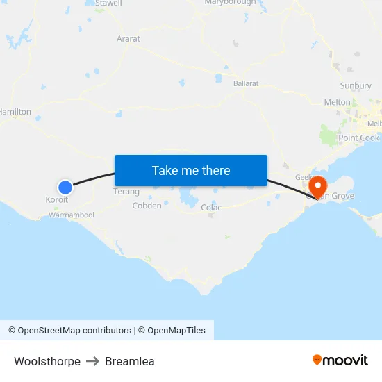 Woolsthorpe to Breamlea map