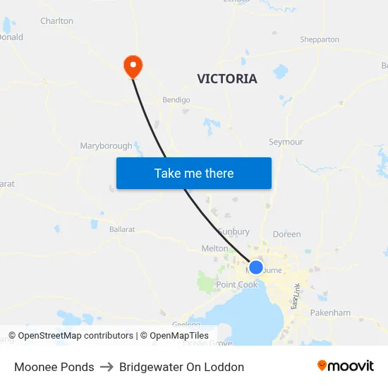 Moonee Ponds to Bridgewater On Loddon map