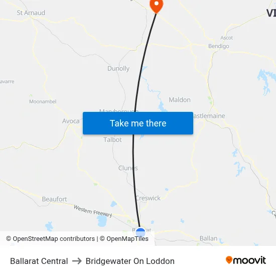 Ballarat Central to Bridgewater On Loddon map
