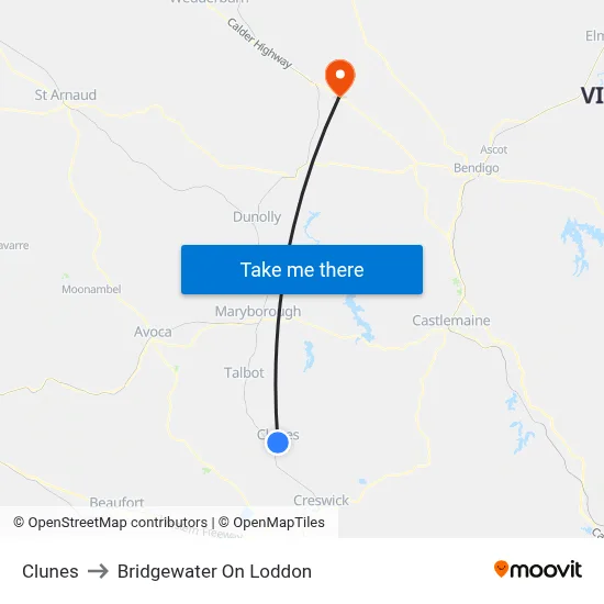 Clunes to Bridgewater On Loddon map