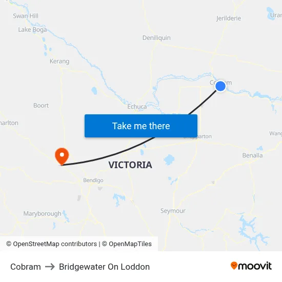 Cobram to Bridgewater On Loddon map