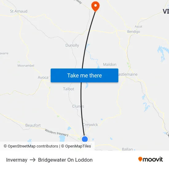 Invermay to Bridgewater On Loddon map