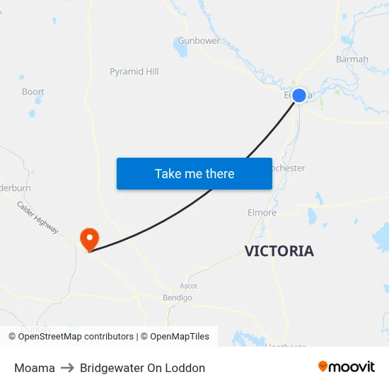 Moama to Bridgewater On Loddon map