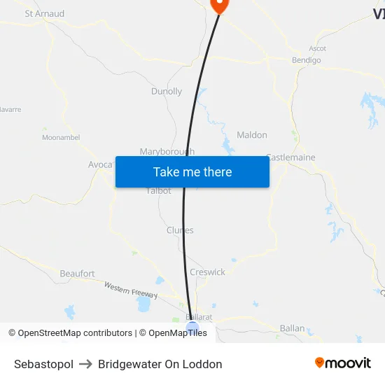 Sebastopol to Bridgewater On Loddon map