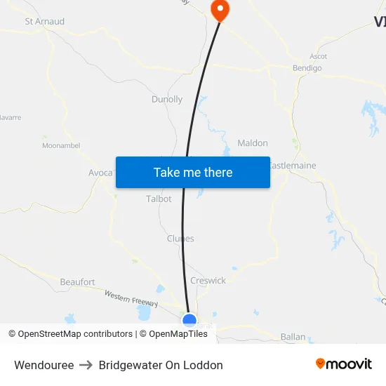 Wendouree to Bridgewater On Loddon map