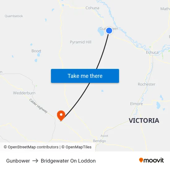 Gunbower to Bridgewater On Loddon map