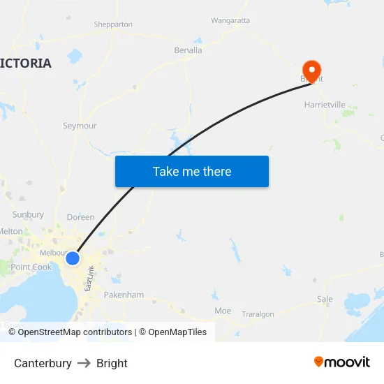 Canterbury to Bright map