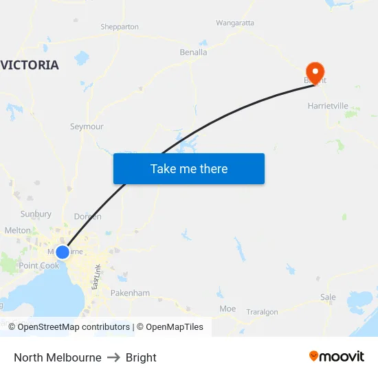 North Melbourne to Bright map