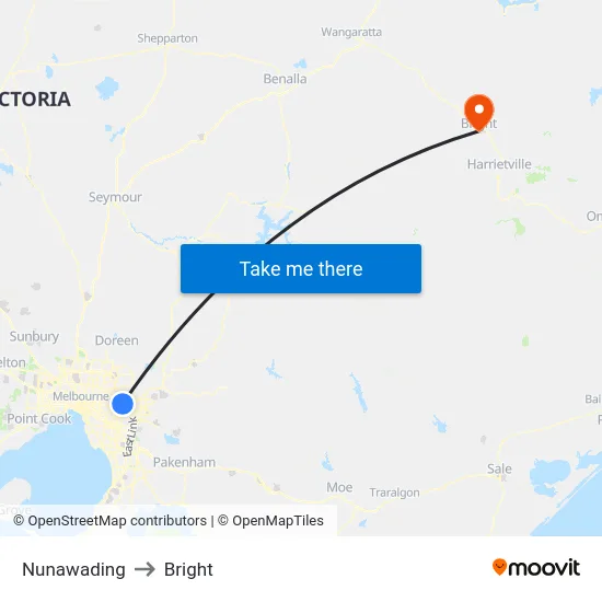 Nunawading to Bright map