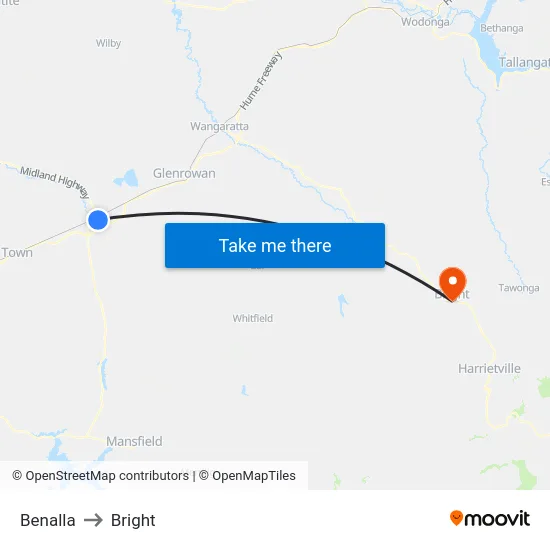 Benalla to Bright map