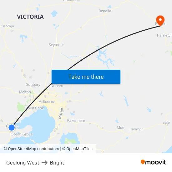 Geelong West to Bright map