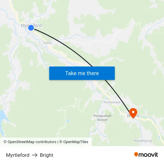 Myrtleford to Bright map