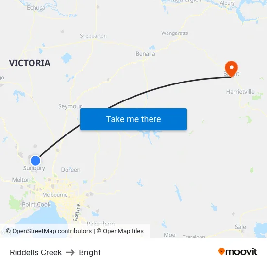 Riddells Creek to Bright map
