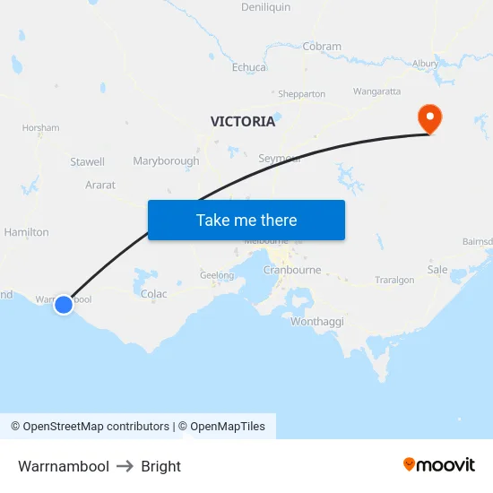 Warrnambool to Bright map