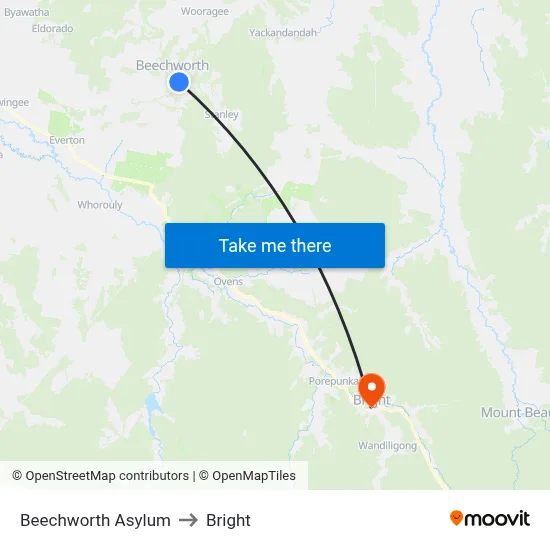 Beechworth Asylum to Bright map