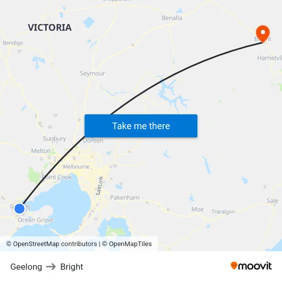 Geelong to Bright map