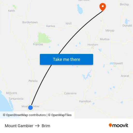 Mount Gambier to Brim map