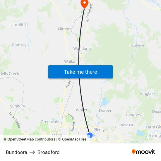 Bundoora to Broadford map