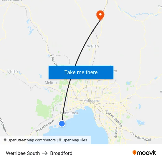 Werribee South to Broadford map