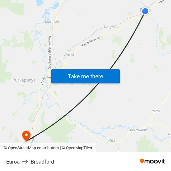 Euroa to Broadford map