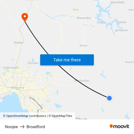 Noojee to Broadford map