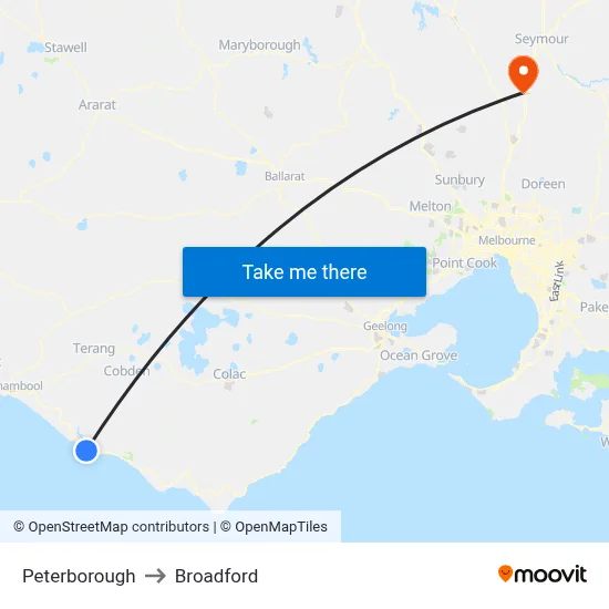 Peterborough to Broadford map
