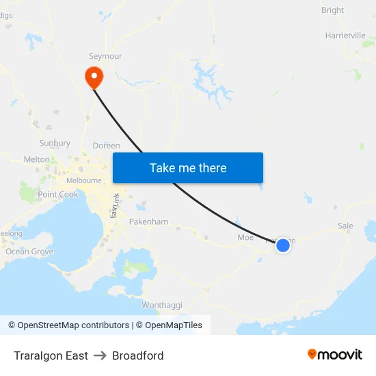Traralgon East to Broadford map