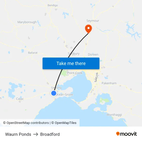 Waurn Ponds to Broadford map