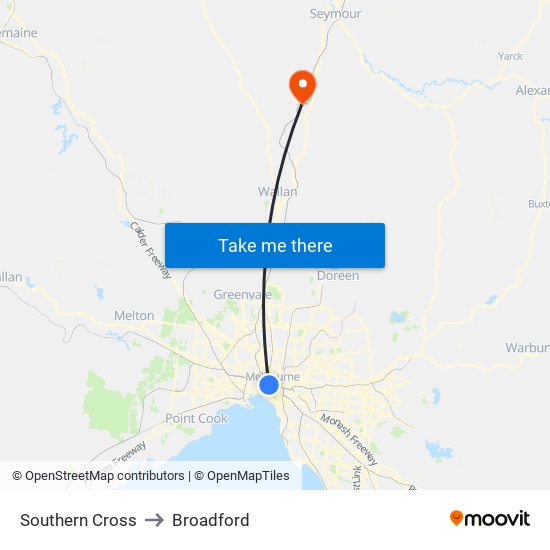 Southern Cross to Broadford map