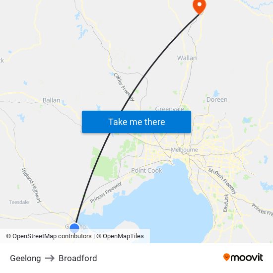 Geelong to Broadford map