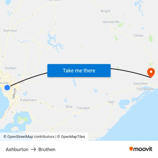 Ashburton to Bruthen map