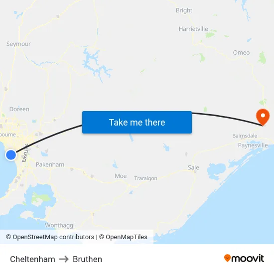 Cheltenham to Bruthen map