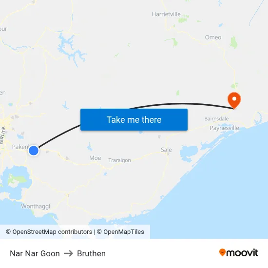 Nar Nar Goon to Bruthen map