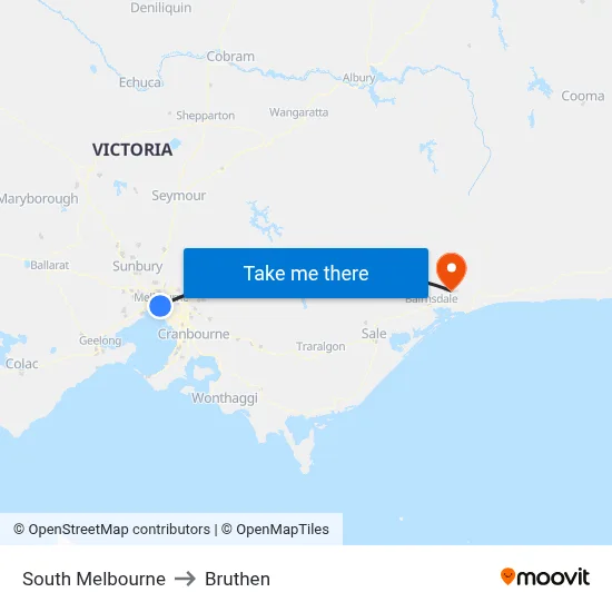 South Melbourne to Bruthen map