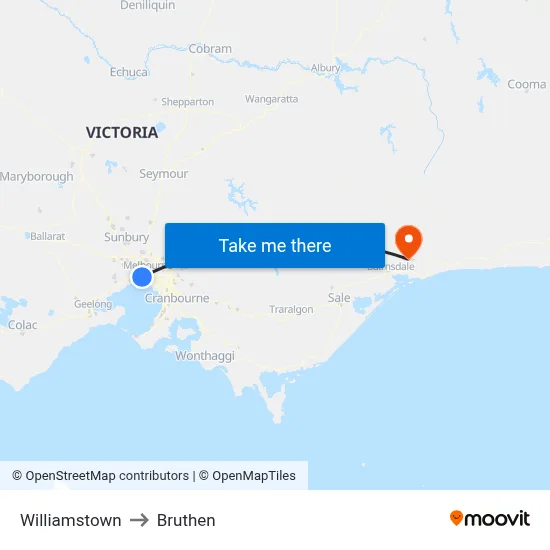 Williamstown to Bruthen map