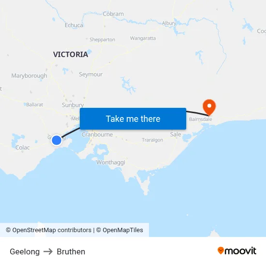 Geelong to Bruthen map