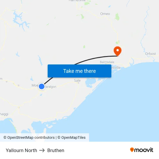 Yallourn North to Bruthen map